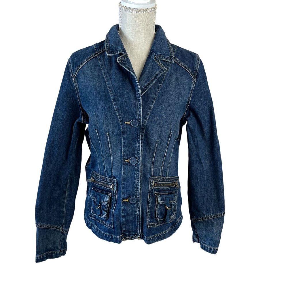 Vintage Old Navy Denim Jean Jacket Womens Sz L Blue Festival Y2K Trucker Western